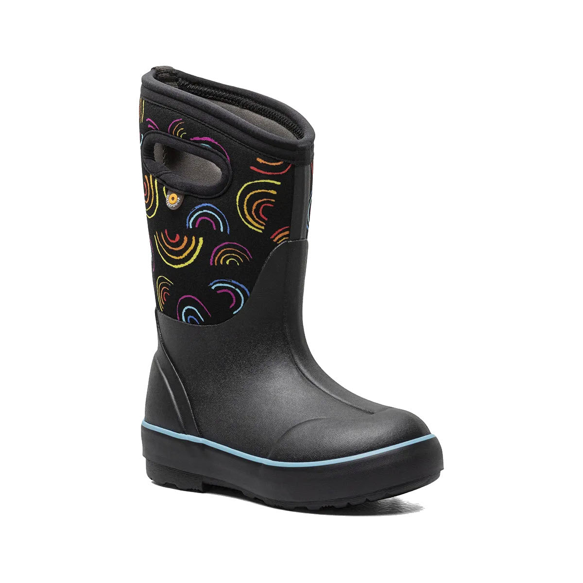 Bogs Black children&#39;s winter boot with a colorful patterned upper and a blue trim on a white background, designed for better traction.