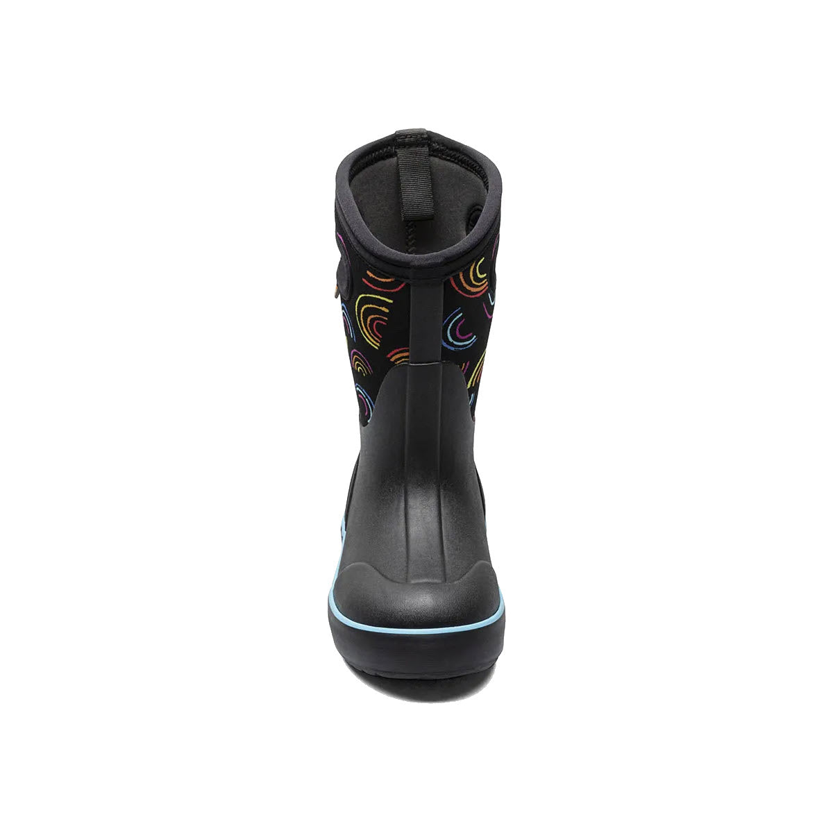 Sentence with replaced product: Bogs Classic II Wild Rainbows Black Mult winter boot with colorful abstract patterns on the sides, designed for better traction, viewed from the back against a white background.