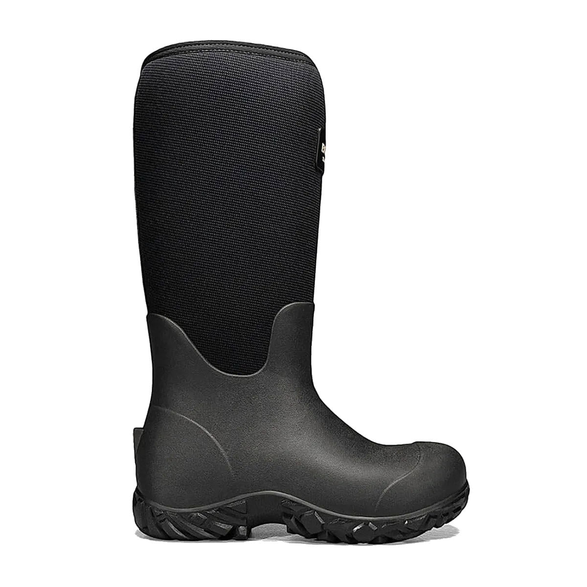 Sentence with replaced product:

Black rubber and neoprene BOGS WORKMAN 17" SOFT TOE BLACK - MENS boot on a white background, designed for durability and weather resistance, featuring a treaded sole and waterproof insulation.