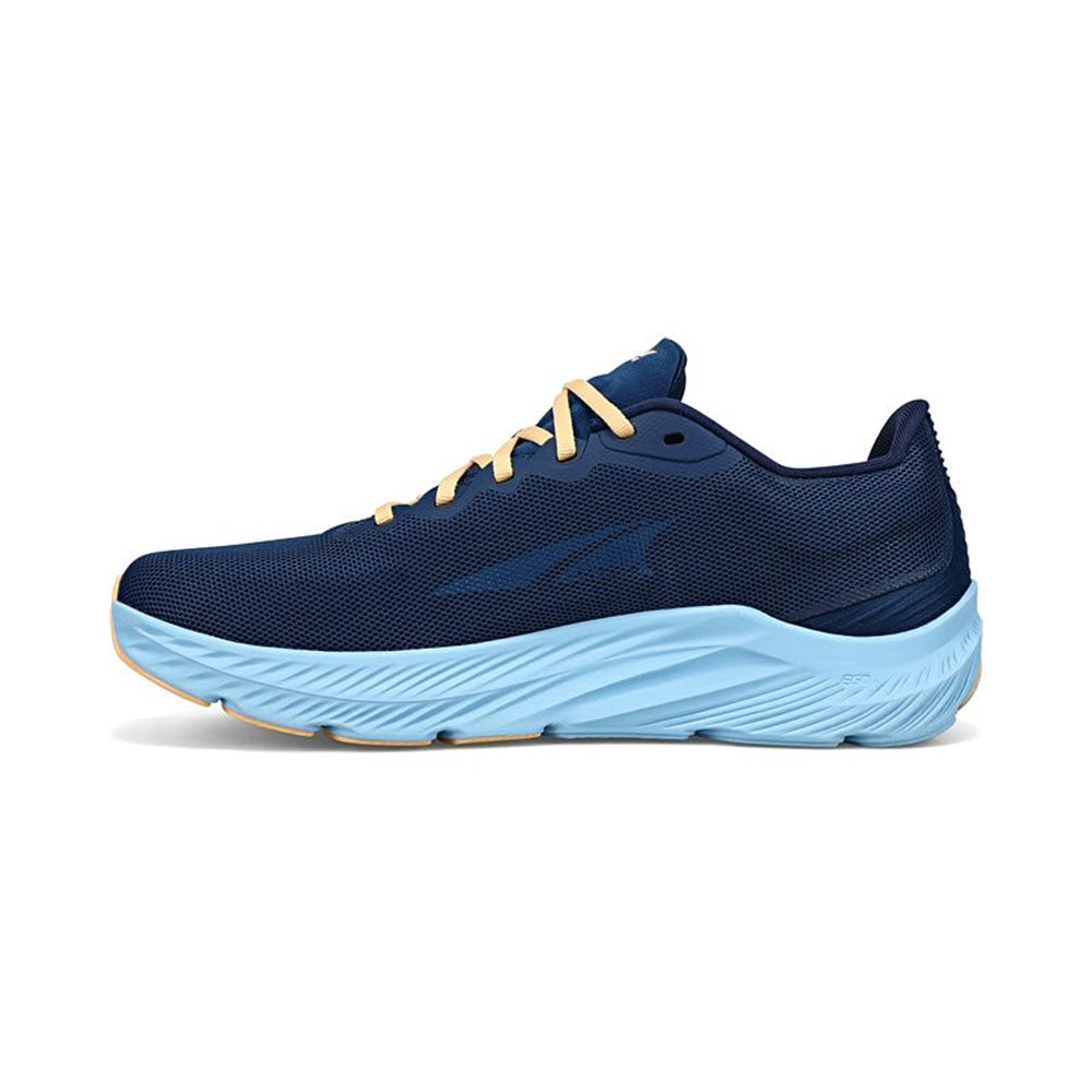 A single ALTRA RIVERA 3 NAVY - WOMENS running shoe, featuring a zero heel-to-toe drop, with a light blue sole and yellow laces, displayed against a white background.