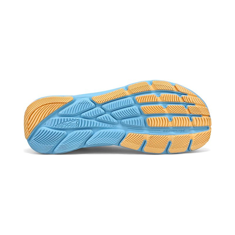 Sole of a Altra running shoe with blue and orange tread pattern featuring Zero heel-to-toe drop, on a white background.