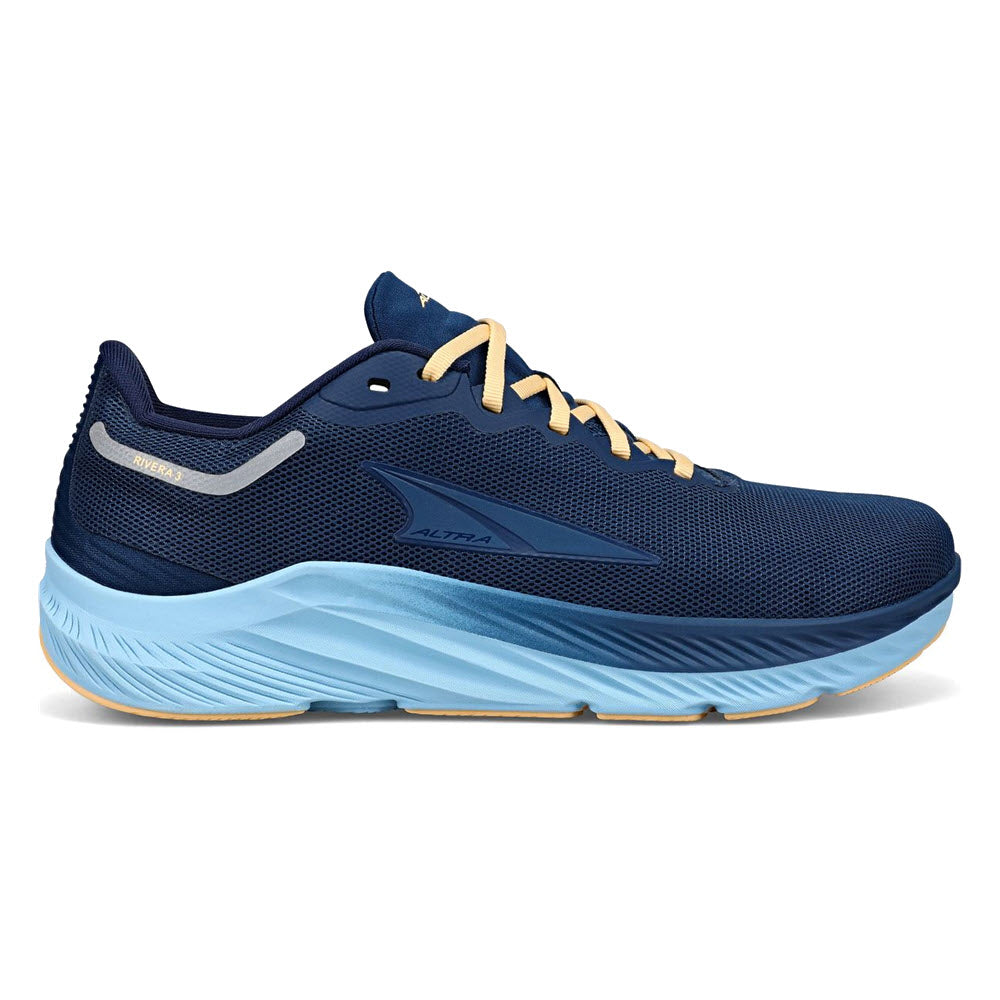 Blue ALTRA RIVERA 3 NAVY - WOMENS running shoe with a light blue sole and white accents, featuring a dynamic design and lace-up closure, designed with a zero heel-to-toe drop.
