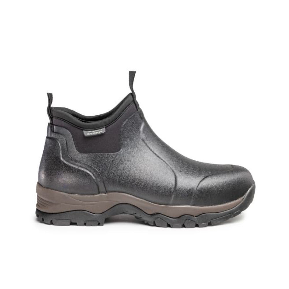 A single PERFECT STORM SHELTER LOW BLACK - WOMENS leather slip-on work boot with elastic side panels, an EVA midsole, and a heavy-duty rubber sole, isolated on a white background.