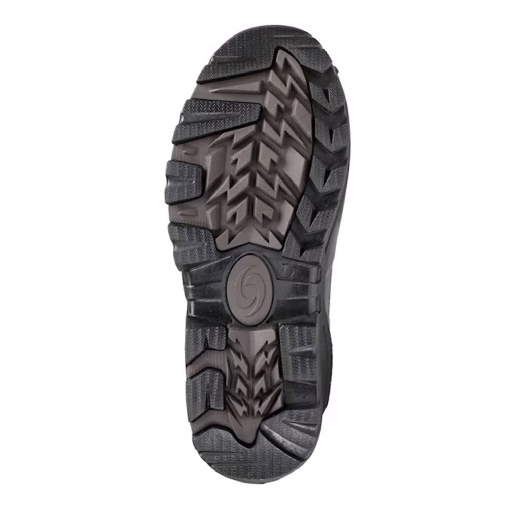 Bottom view of a grey Perfect Storm MUDONNA XT HIGH BLACK - WOMENS hiking boot sole with an intricate tread pattern for enhanced traction and a circular logo at the heel.