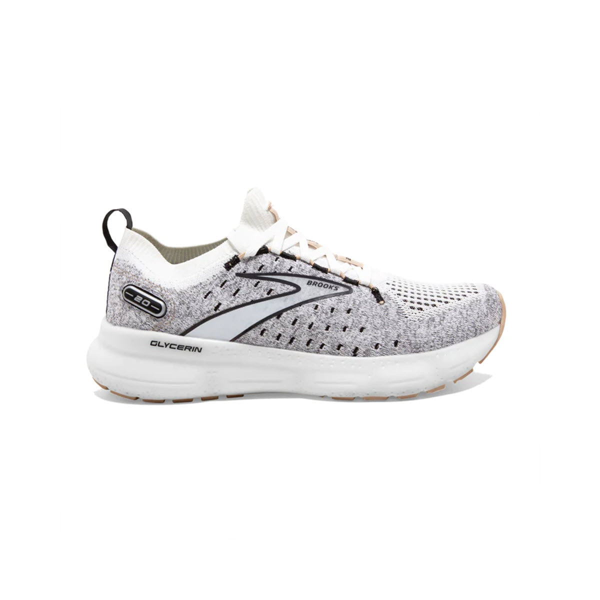 A single gray and white cushioned Brooks Glycerin StealthFit 20 running shoe with the brand logo visible on the side.