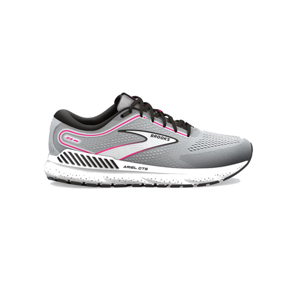 A side view of a Brooks Ariel GTS '23 women's running shoe in a grey and pink colorway, featuring GuideRails system.