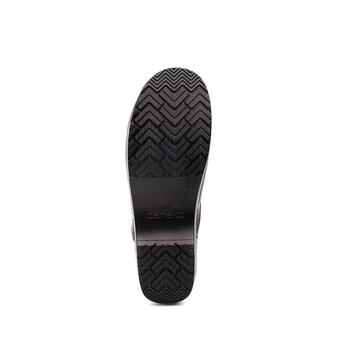 Bottom view of a black Dansko Professional Cordovan Cabrio shoe with an anti-fatigue rocker bottom and a visible brand logo.