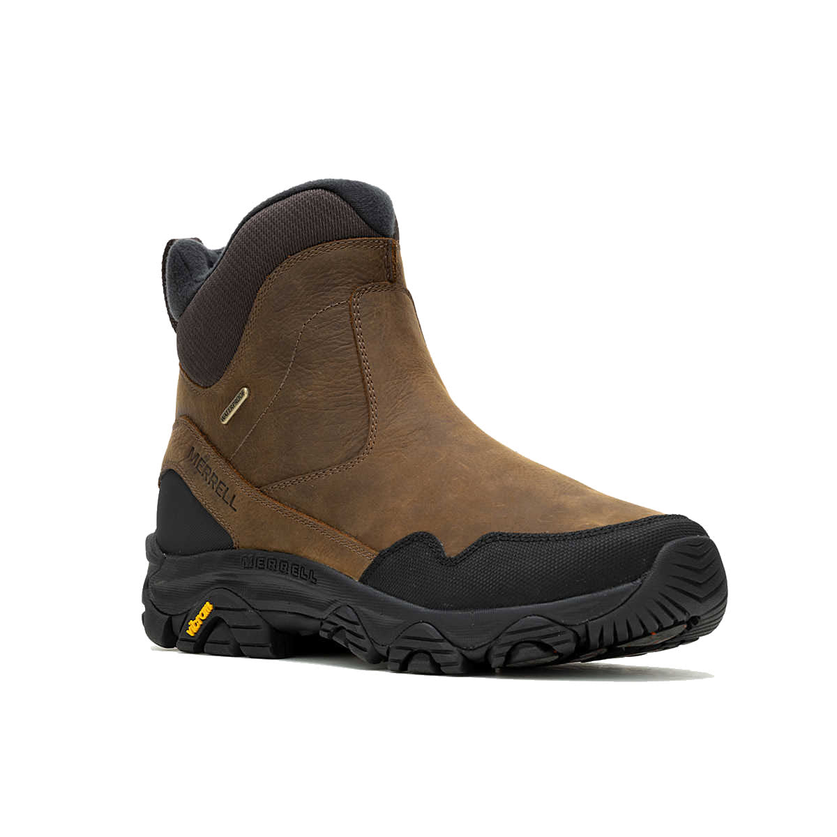 A brown Merrell Coldpack 3 Thermo Tall Zip WP Earth hiking boot with slip-on design and thick black sole, featuring a logo on the side and waterproof construction.