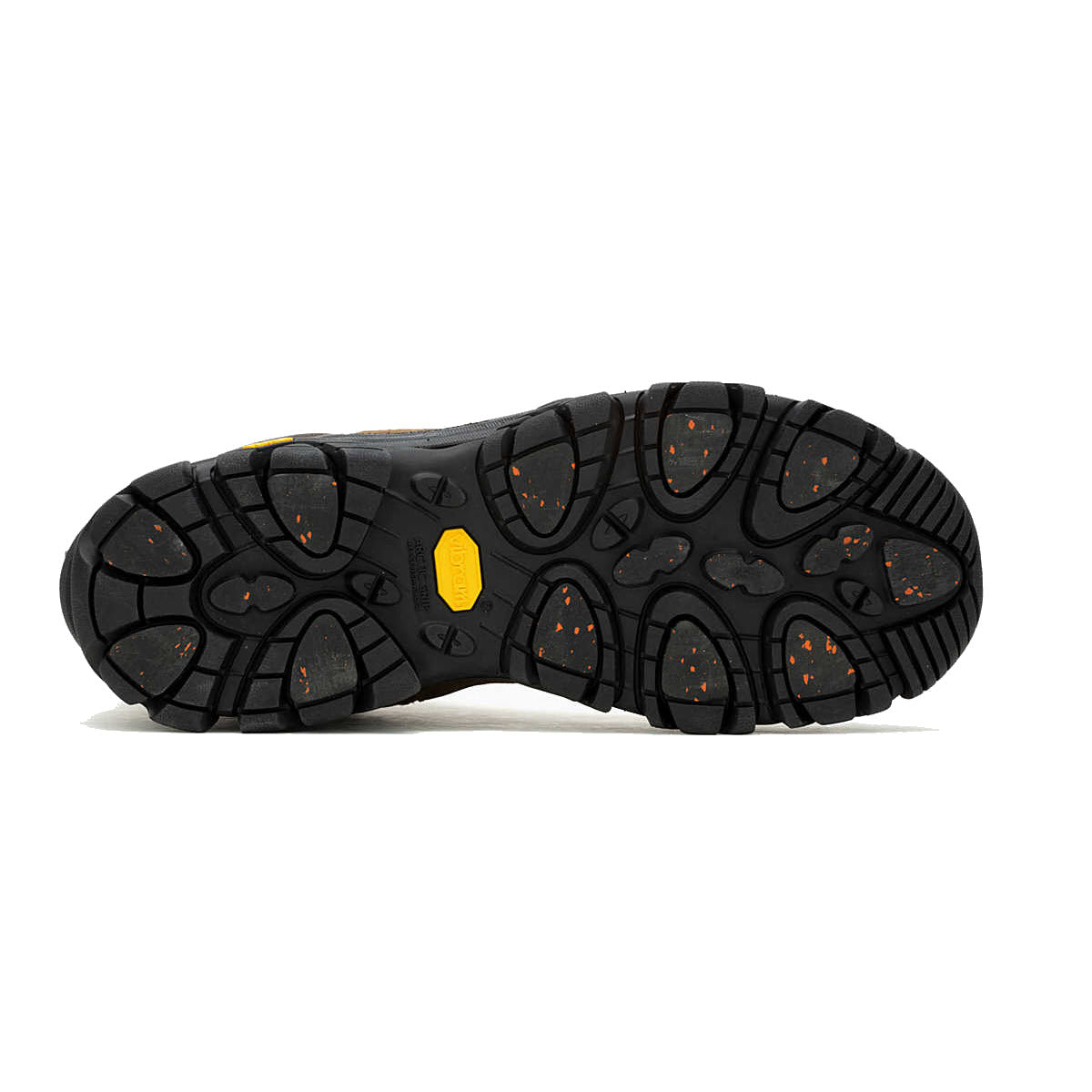 Bottom view of a Merrell Coldpack 3 Thermo Tall Zip WP Earth - Mens winter boot sole with black and gray tread pattern and scattered orange specks, featuring a yellow rectangular logo.