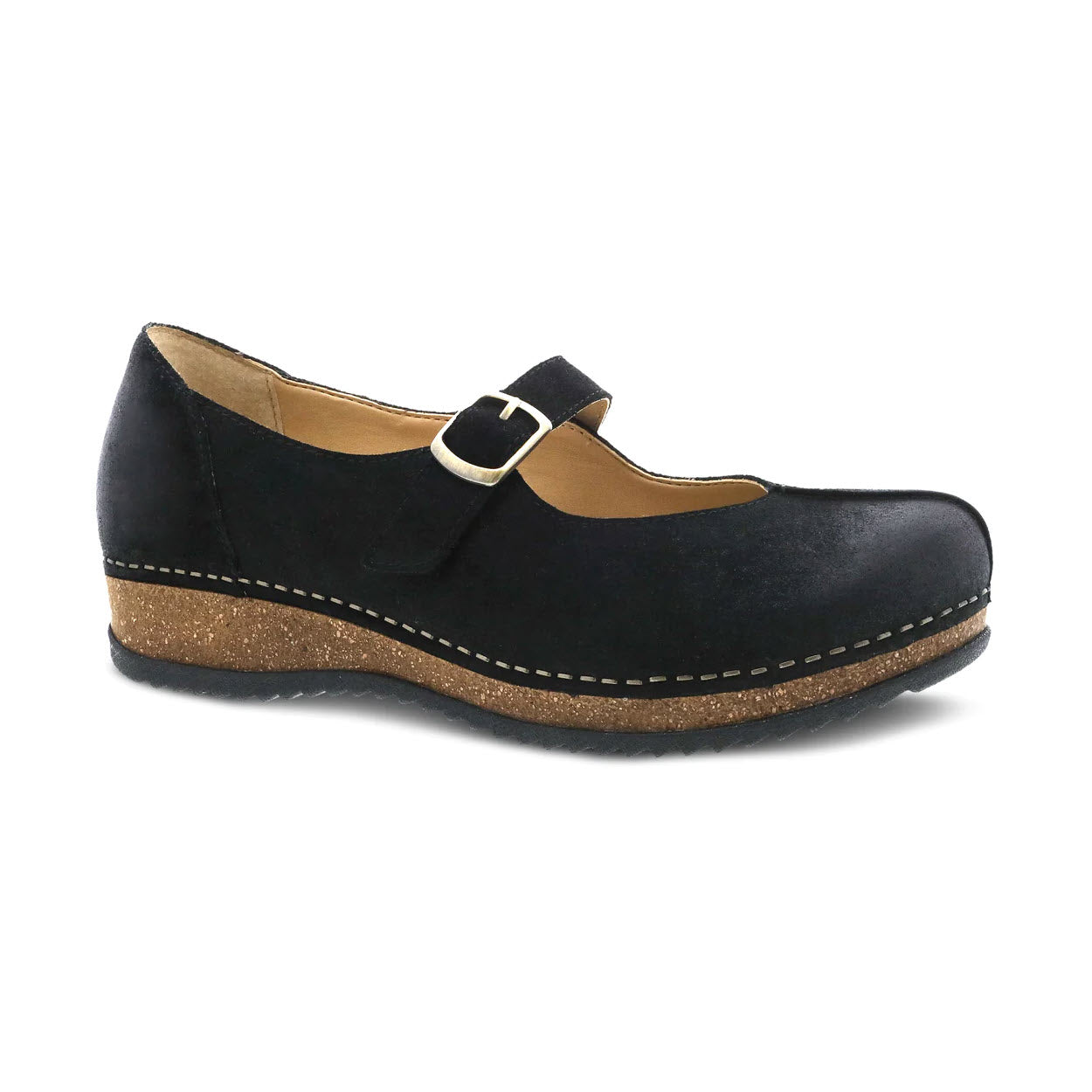 Dansko Mika Black Burnished Suede Mary Jane shoe with buckle and sustainable cork sole, isolated on a white background.