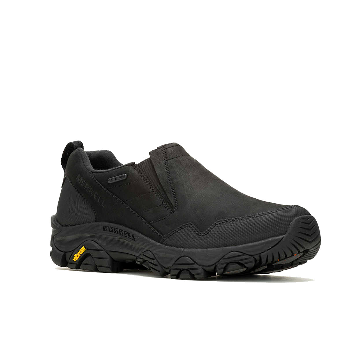 Black Merrell Coldpack 3 Thermo Moc WP slip-on hiking shoe with rugged sole and yellow logo detailing, featuring Vibram Arctic Grip on a white background.