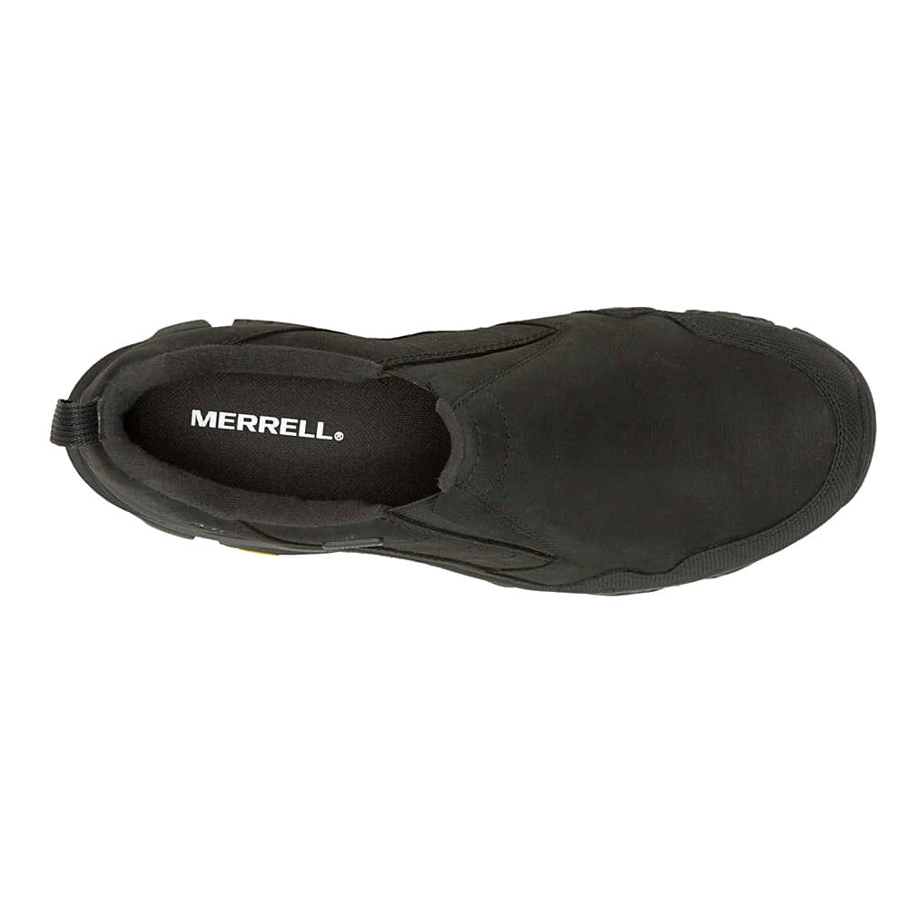 Top view of a black Merrell COLDPACK 3 THERMO MOC WP shoe, showing the brand name on the insole.
