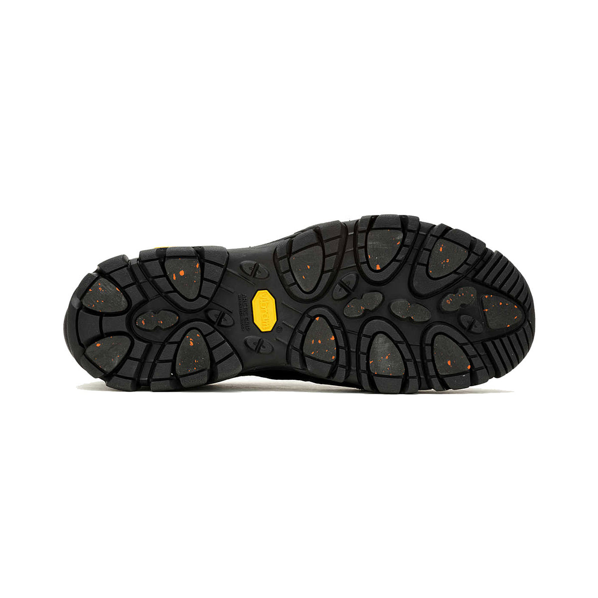 Bottom view of a Merrell hiking boot sole with intricate multi-directional tread pattern and Vibram Arctic Grip, featuring a visible yellow brand logo.