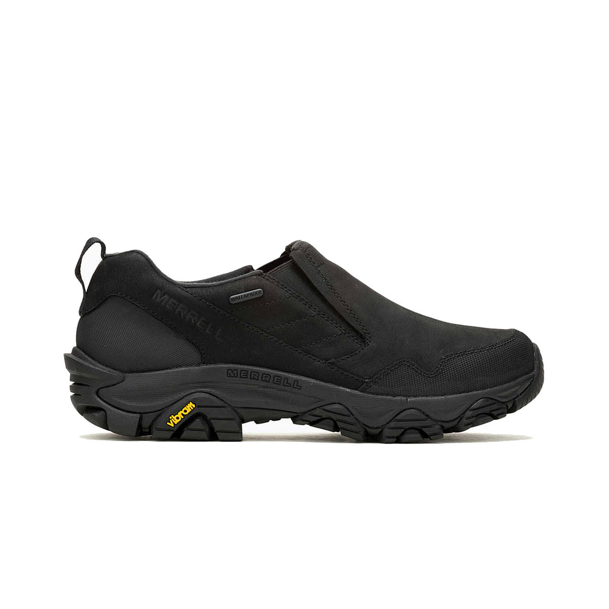 A black Merrell COLDPACK 3 THERMO MOC WP shoe with slip-on design, featuring a Vibram Arctic Grip sole and a logo on the side.