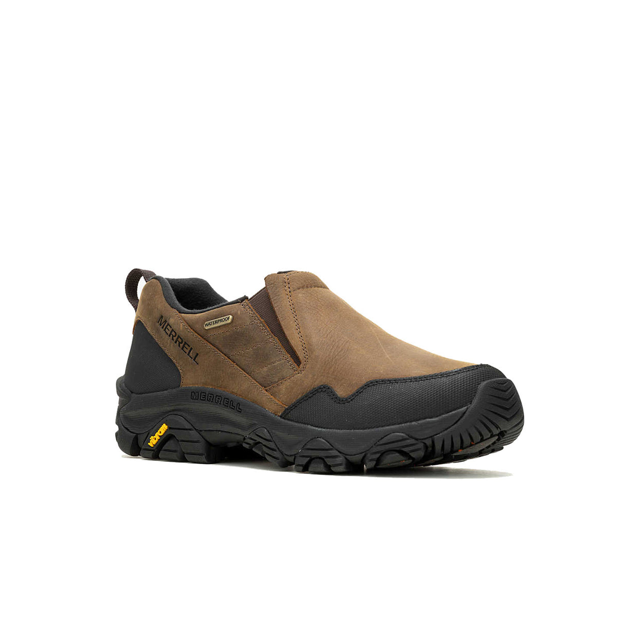 A brown Merrell Coldpack 3 Thermo Moc WP Earth - Mens winter moc with black soles and a label indicating Vibram Arctic Grip technology on a white background.
