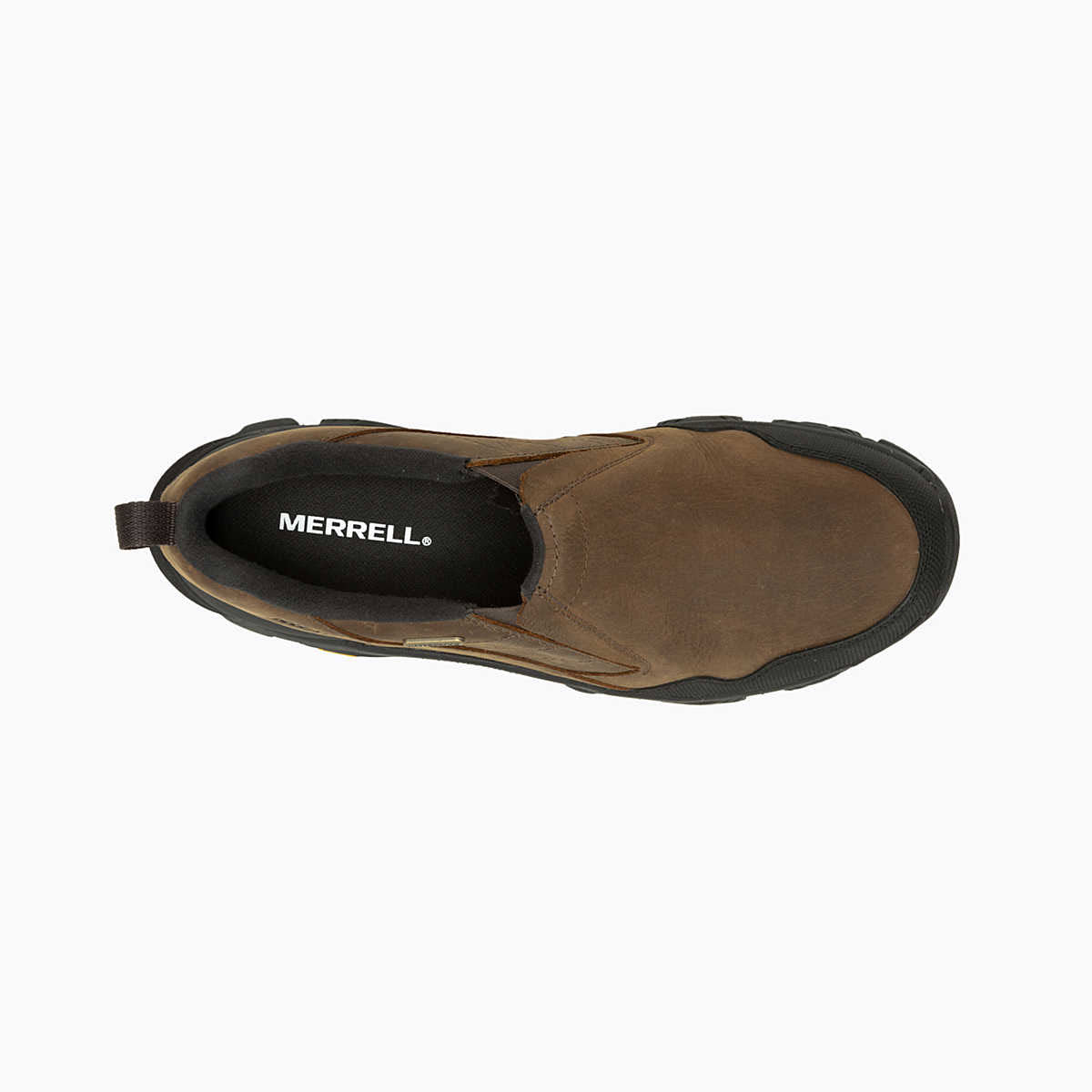 Top view of a brown Merrell Coldpack 3 Thermo Moc WP Earth slip-on shoe with a black interior label and waterproof construction.