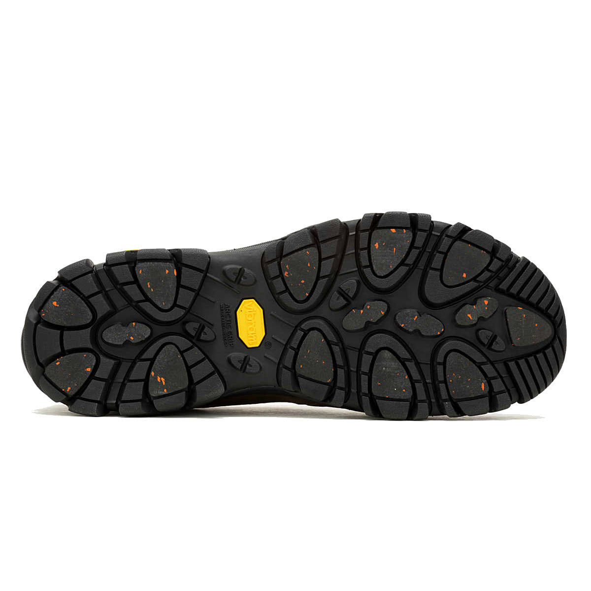 Black rubber sole of a shoe with yellow Merrell logo and speckled details, featuring waterproof construction.