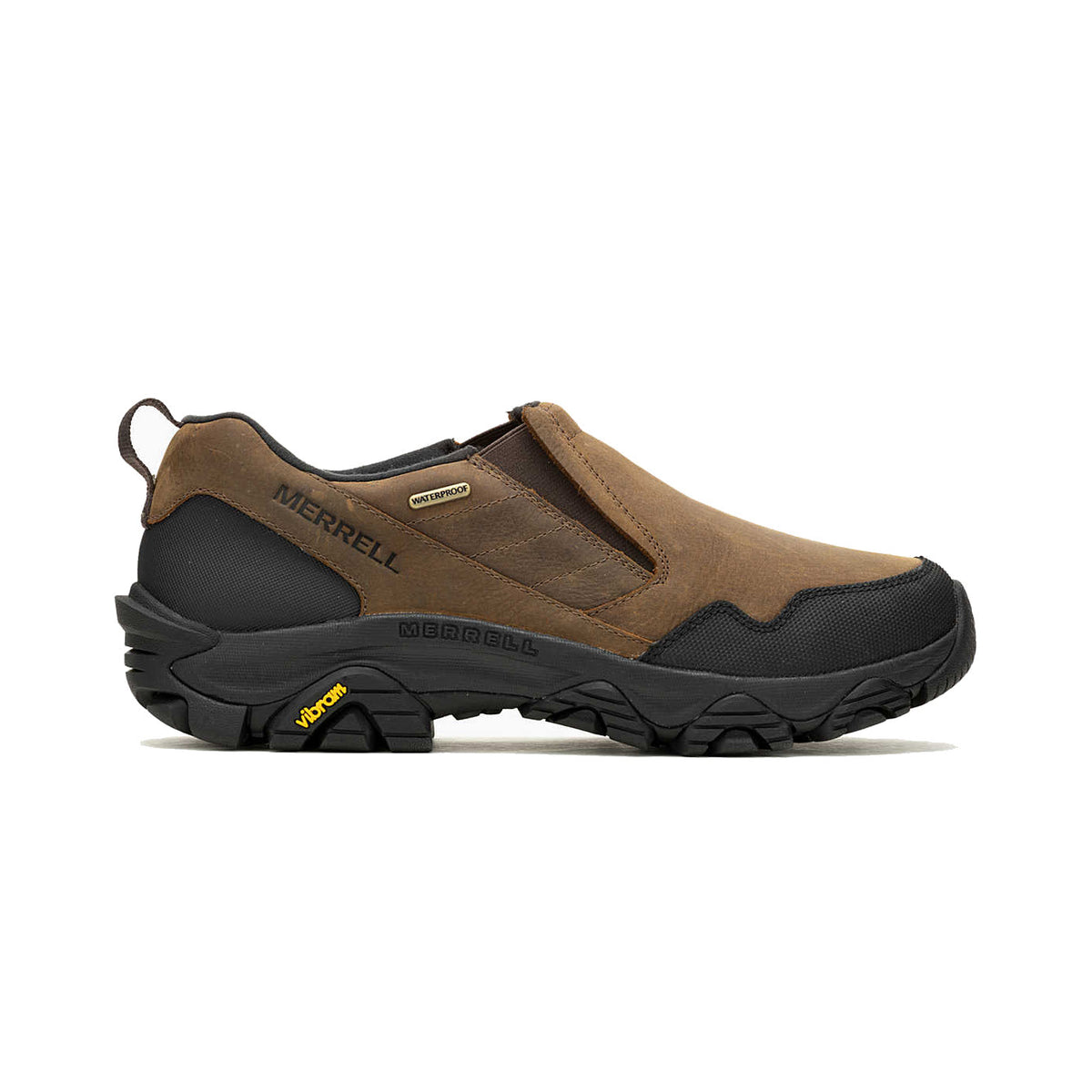 A single Merrell Coldpack 3 Thermo Moc WP Earth winter moc sneaker in profile view, featuring a brown and black color scheme with yellow accents and Vibram Arctic Grip sole.