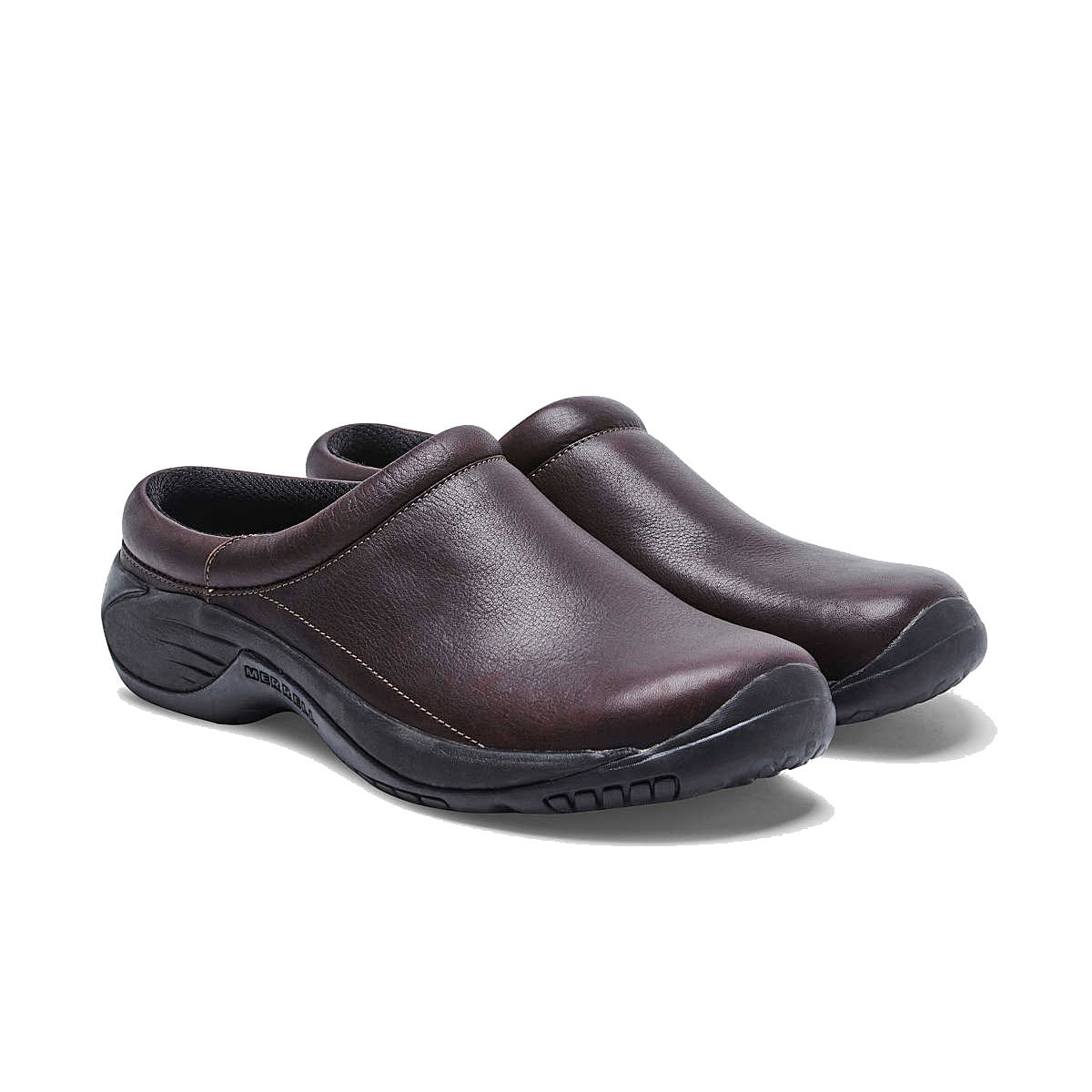 A pair of Merrell Encore Gust 2 Espresso Smooth slip-on shoes with black soles, displayed on a white background.