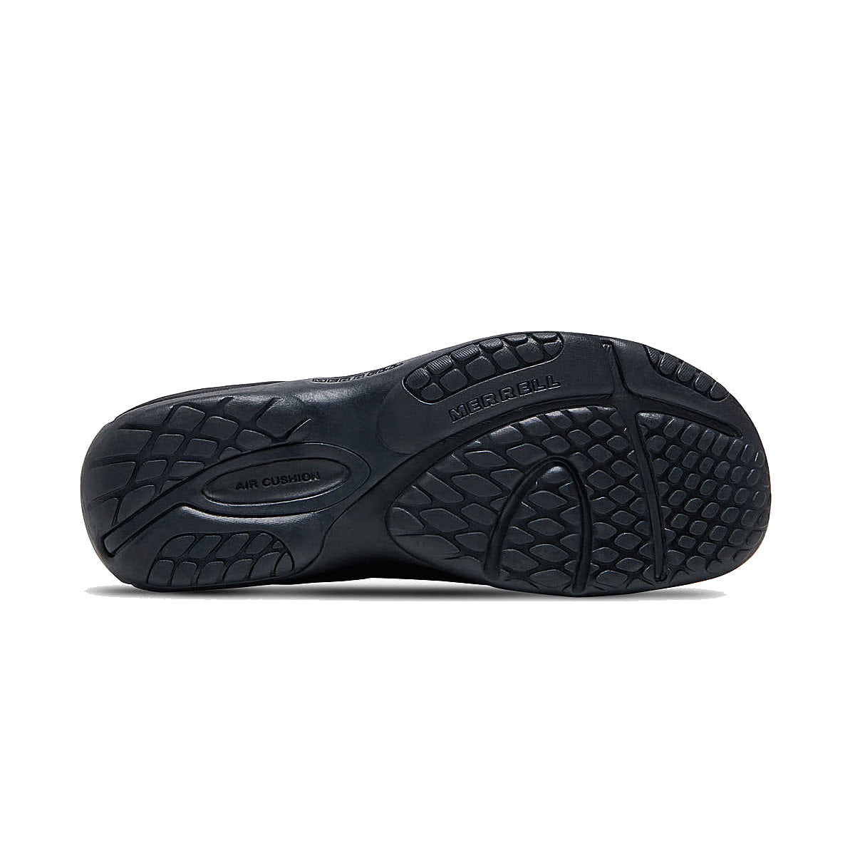 Bottom view of a black Merrell Encore Gust 2 Espresso Smooth shoe with a durable outsole, showcasing its tread design and &quot;air cushion&quot; label.
