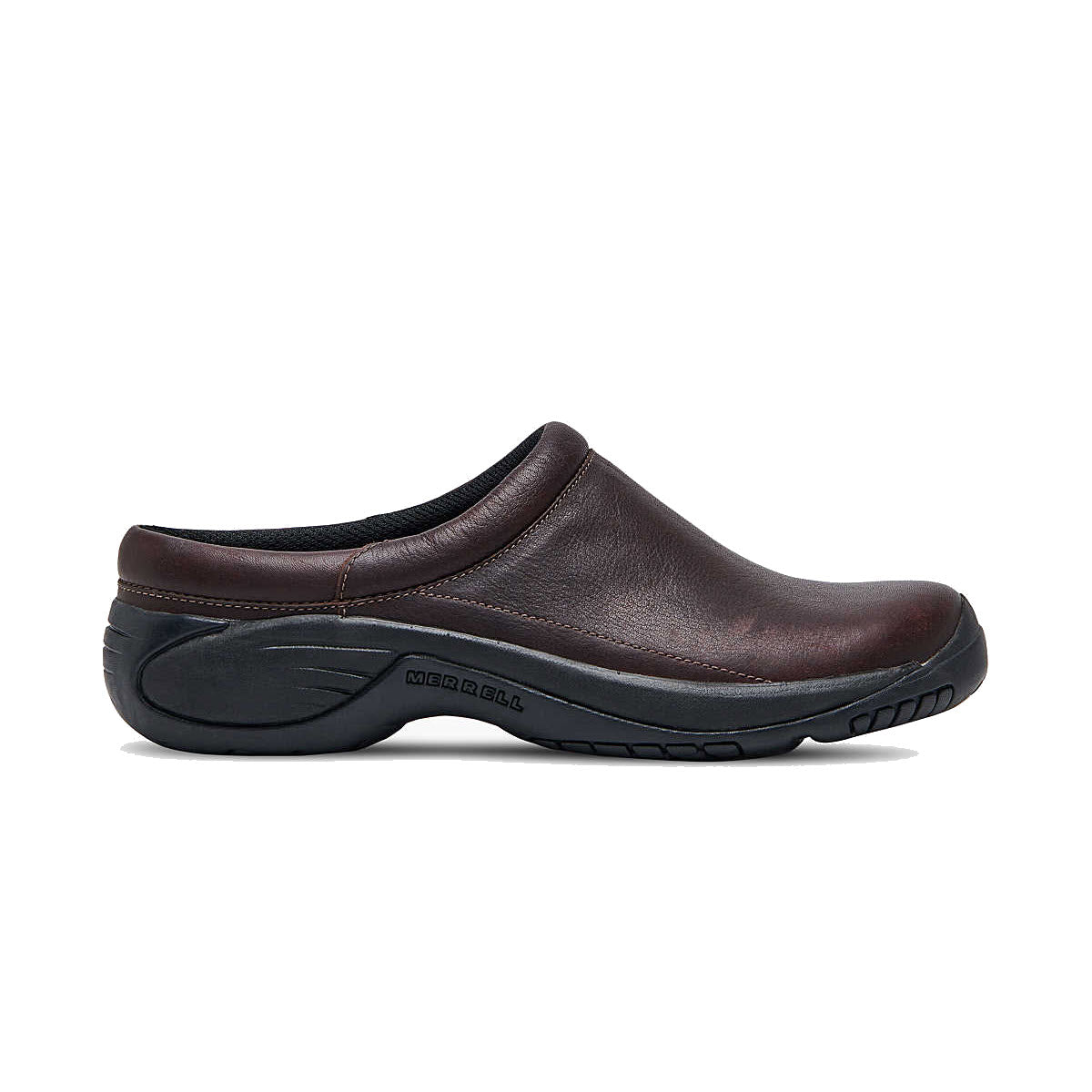 Side view of a single Merrell Encore Gust 2 Espresso Smooth men&#39;s clog with black rubber sole on a white background.