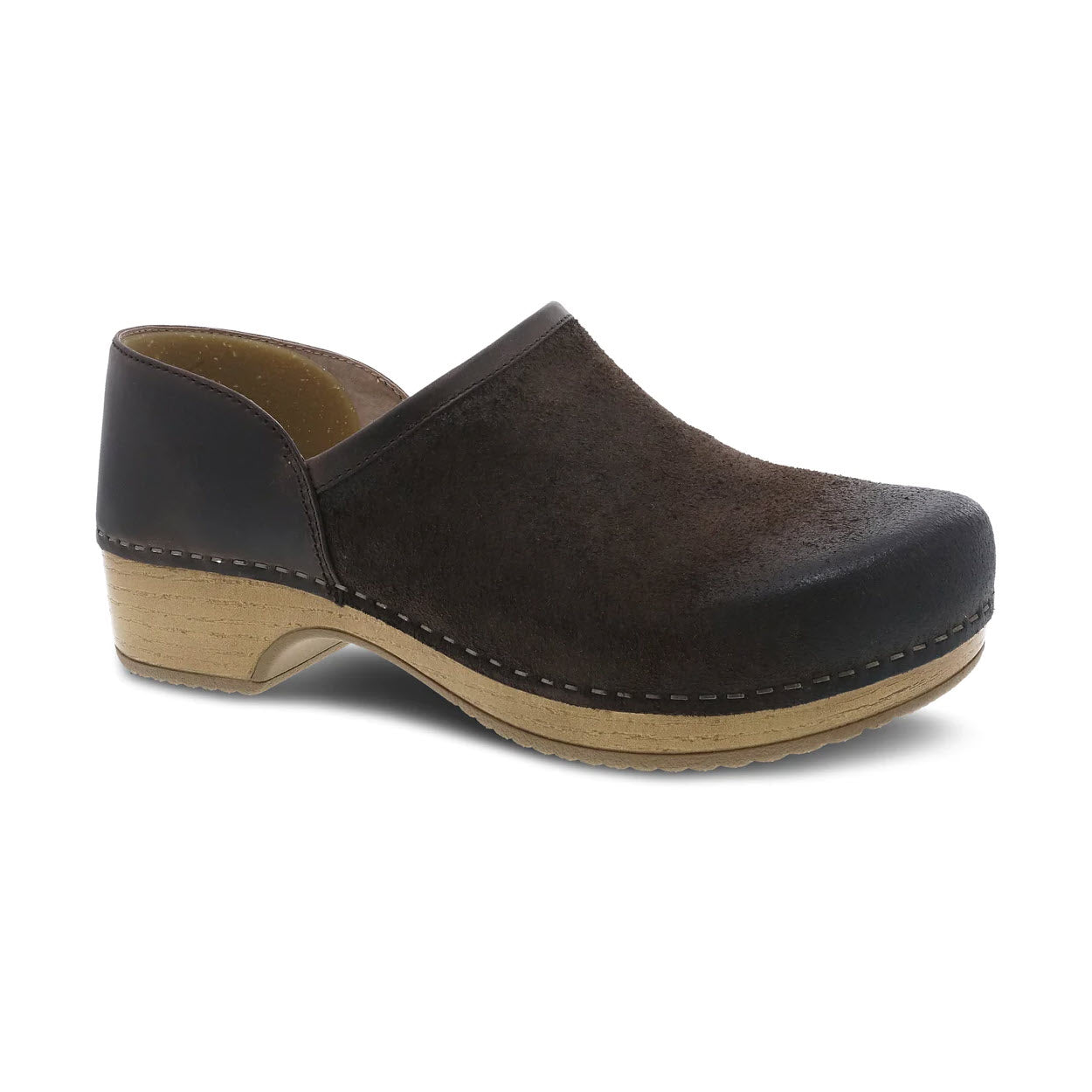 A single Dansko Brenna Chocolate Burnished - Women clog with a wooden sole and black front, isolated on a white background.