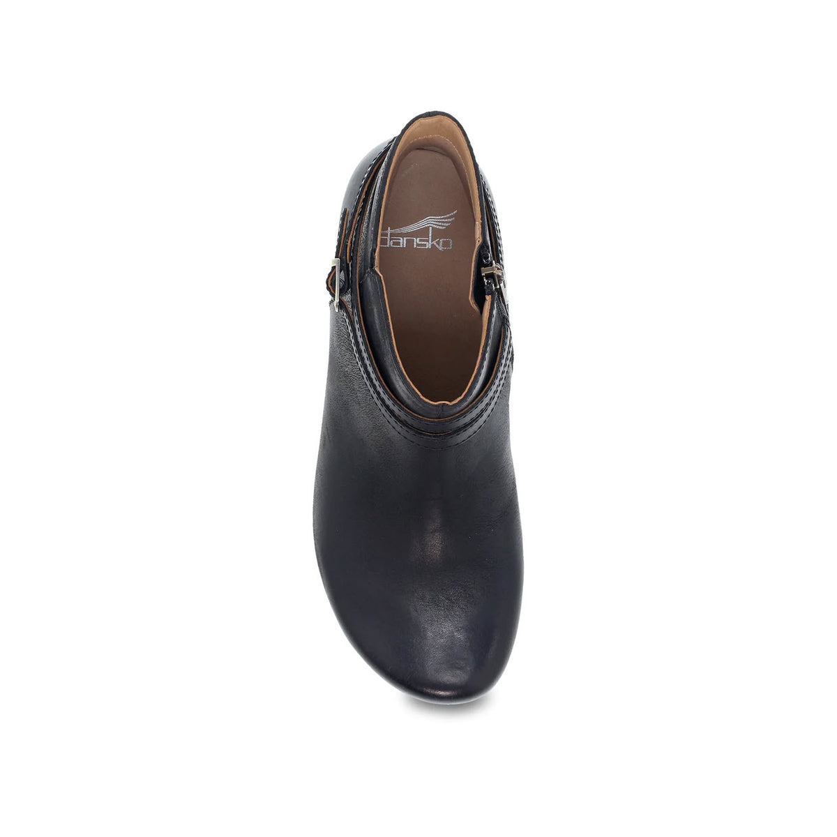 A DANSKO BROOK BLACK BURNISHED ankle bootie with a brown insole, view from the front and above, displaying the brand name &quot;dansko&quot; on the insole.