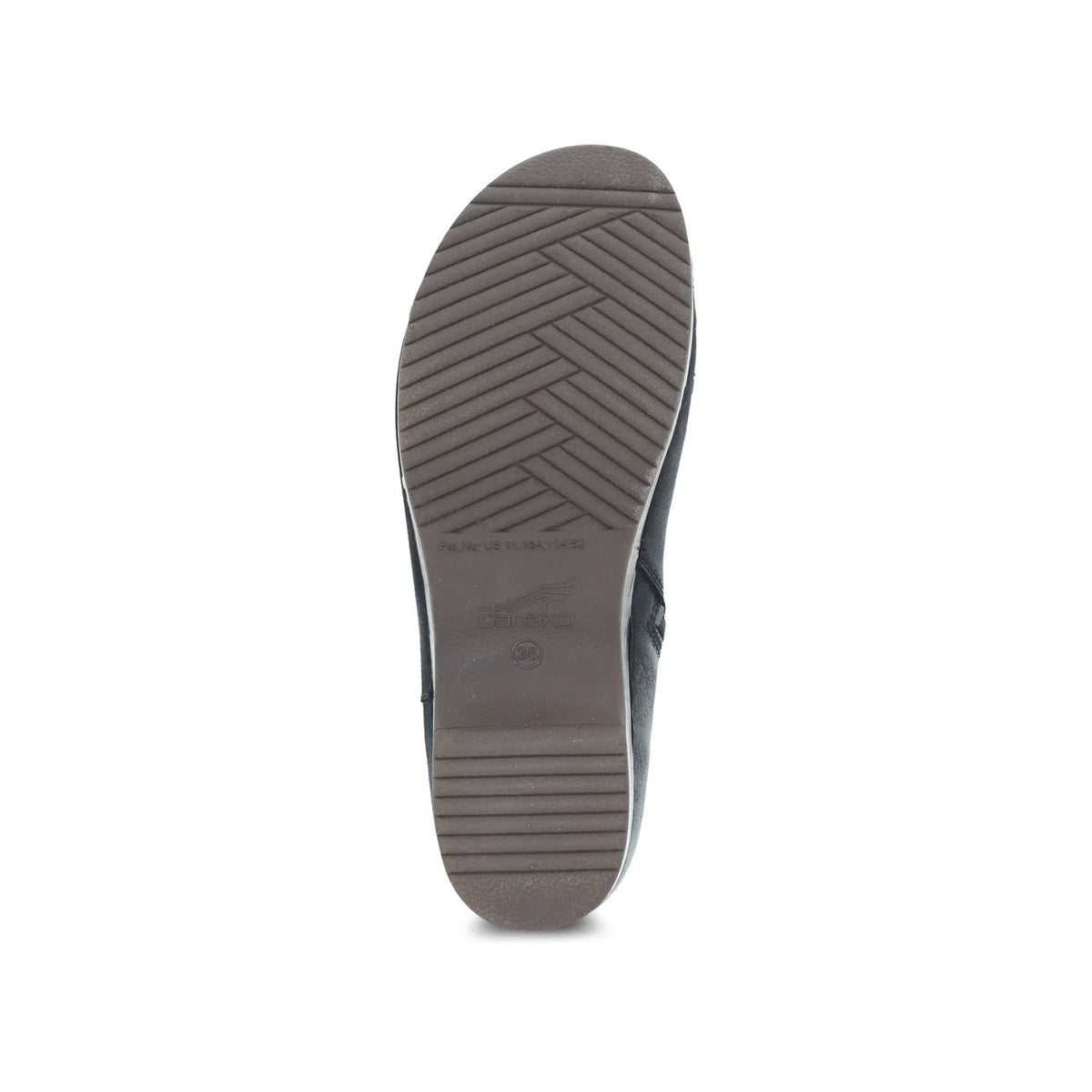 Bottom view of a single Dansko Brook Black Burnished - Womens ankle bootie showing a herringbone tread pattern on its outsole with visible brand details.