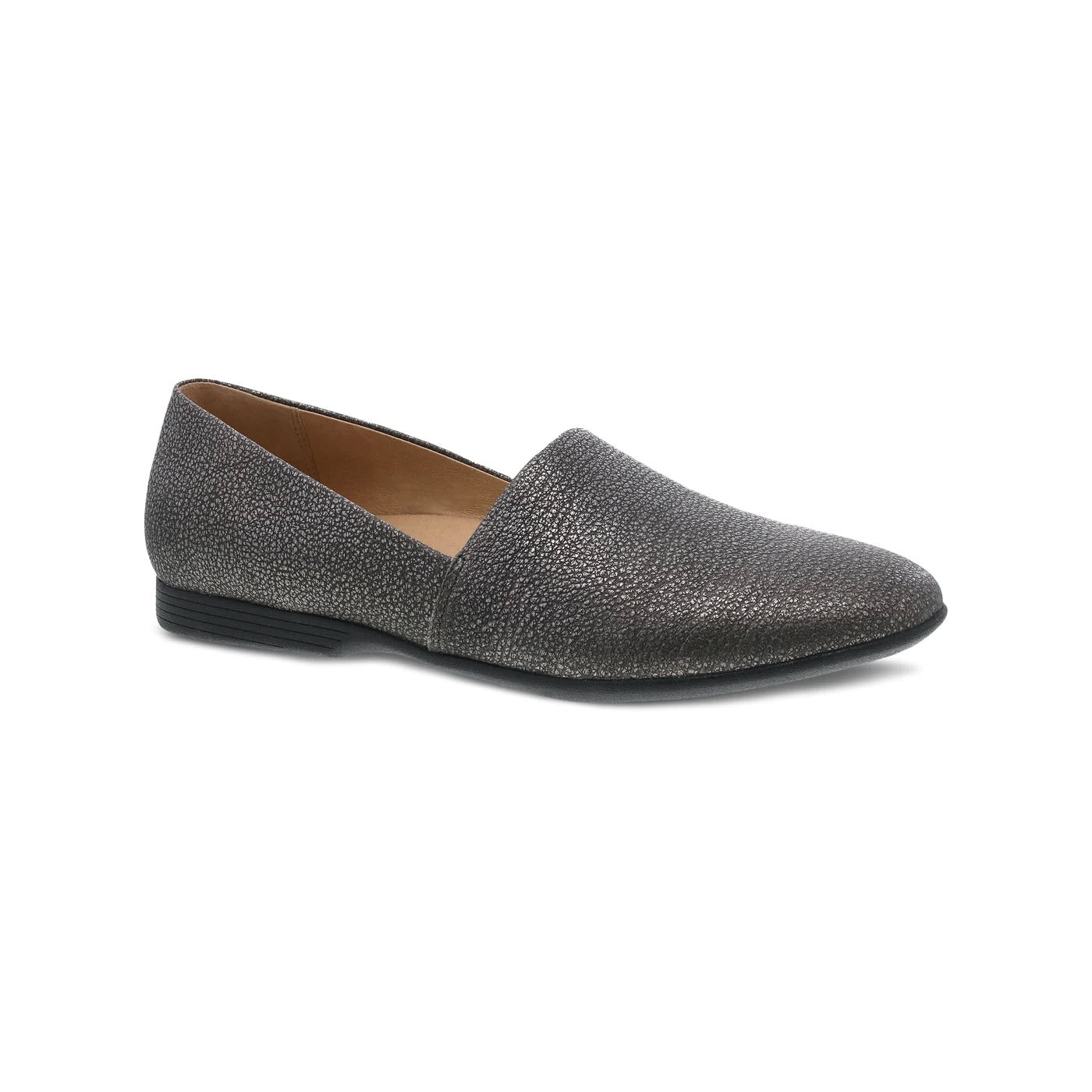 A Dansko Larisa pewter metallic loafer with leather uppers, a low heel, and a pointed toe, displayed against a white background.