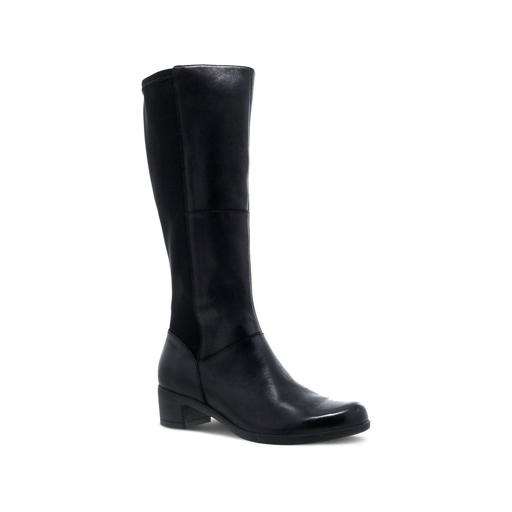 A single Dansko Celestine Black Burnished knee-high boot with a low heel and Dansko Natural Arch technology on a white background.