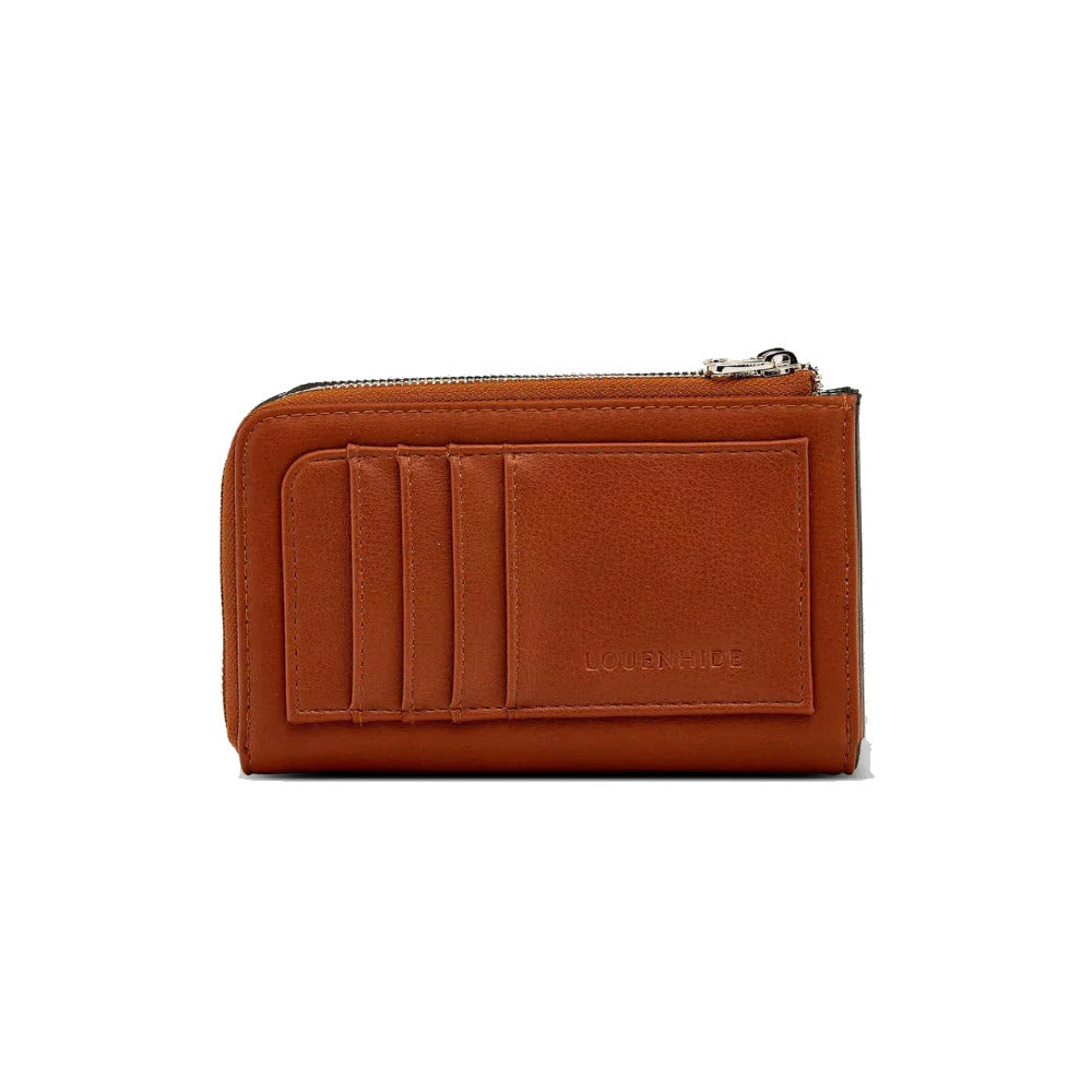 A brown leather LOUENHIDE TYRA cardholder with a zipper and multiple card slots visible on the side, embossed with the brand name "Louenhide