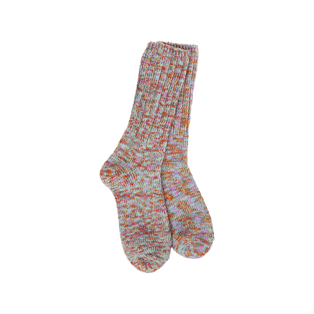A pair of multicolored knitted socks from the Worlds Softest Ragg Crew Socks Boho isolated on a white background.