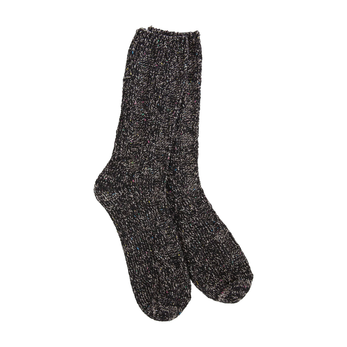 A pair of stylish black speckled Worlds Softest Ragg Cable Crew Socks isolated on a white background.