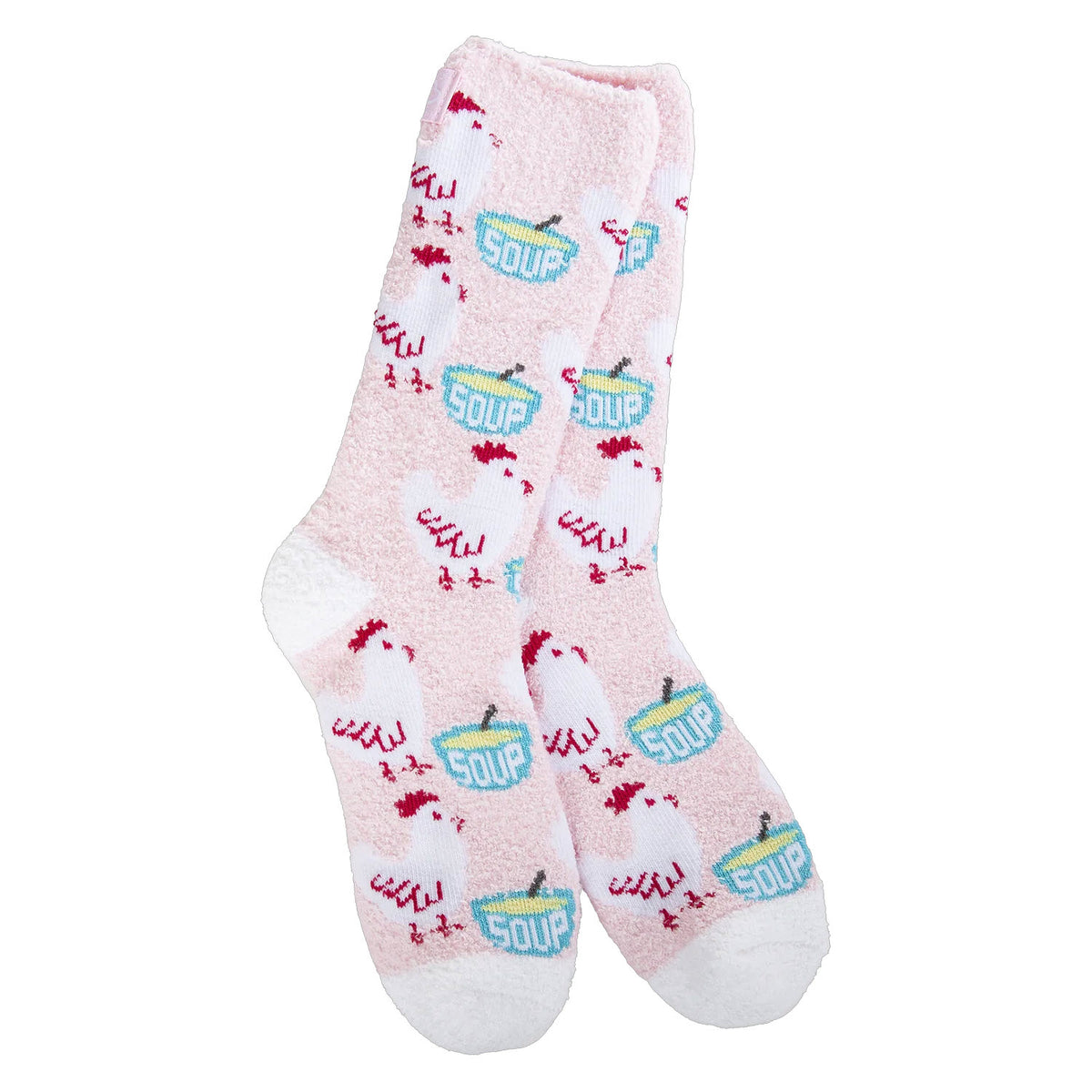 A pair of Worlds Softest Cozy Crew Socks Chicken Soup, featuring multiple &quot;soup&quot; and steaming bowl graphics in red and blue.