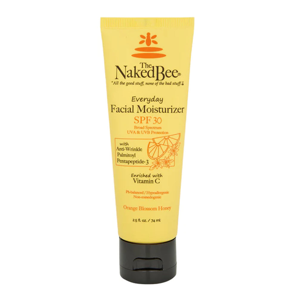 A tube of the Naked Bee Facial Moisturizer SPF 30, featuring an orange blossom honey scent, designed for delicate skin, displayed on a white background.