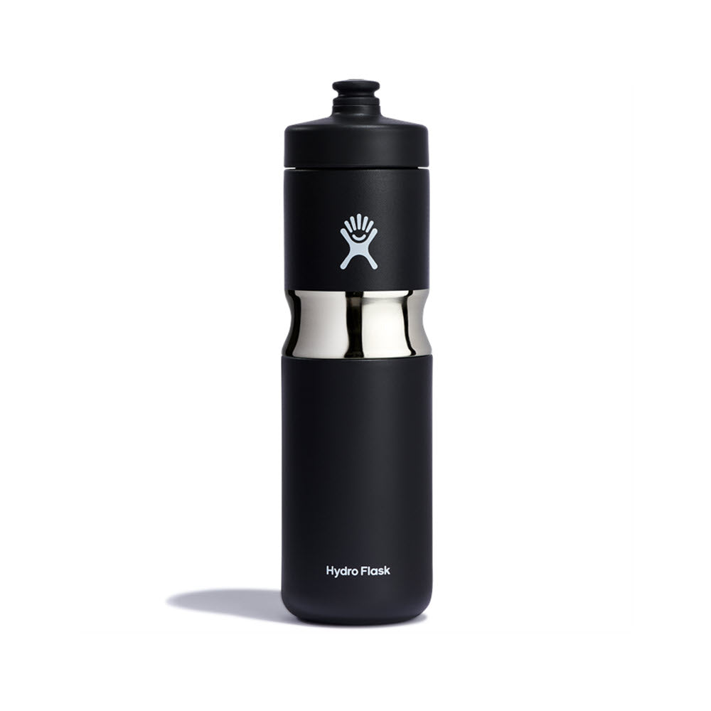 A black Hydro Flask 20oz Wide Sports Bottle with a white logo near the top, against a plain white background.