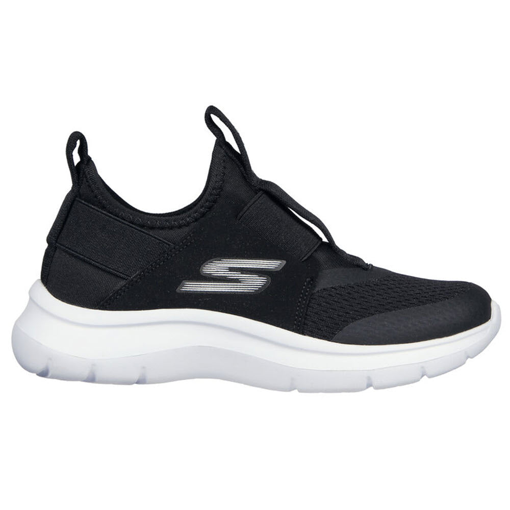 A black Skechers SKECHERS SKECH FAST slip-on sneaker with a white sole, featuring a loop on the heel and the Skechers logo on the side.