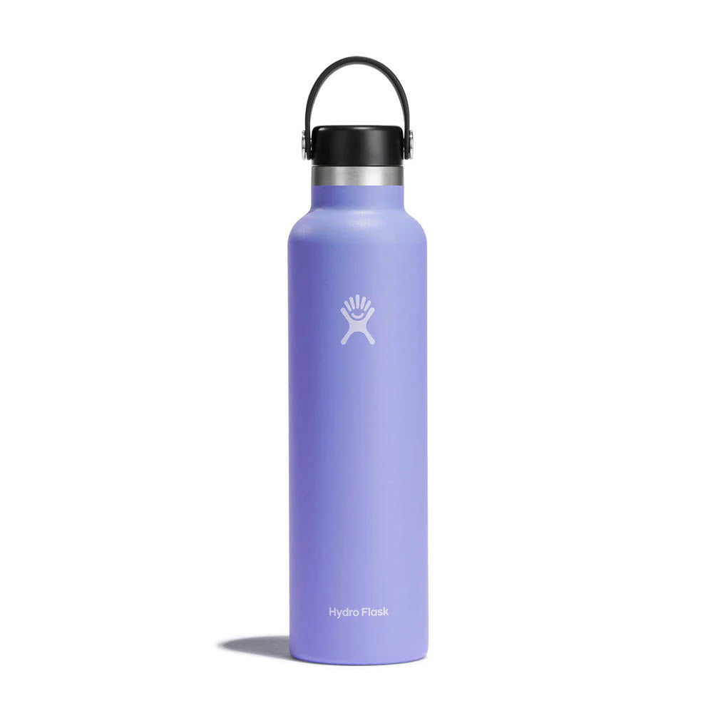 A purple insulated Hydro Flask Standard Mouth 24oz Lupine water bottle with a black lid and handle, isolated on a white background.