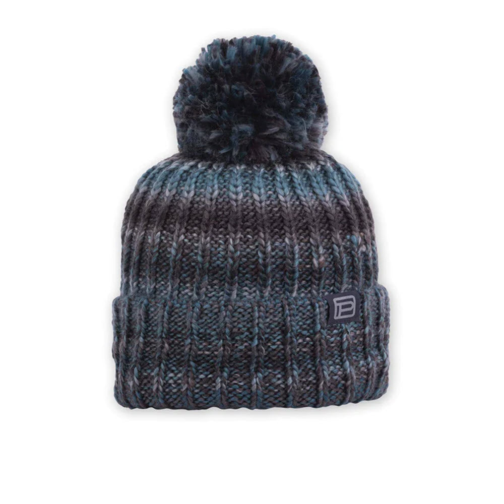 Knitted woolen beanie with a chunky knit pom hat on top, featuring shades of blue and gray, and a small Pistil logo on the brim, isolated on a white background.