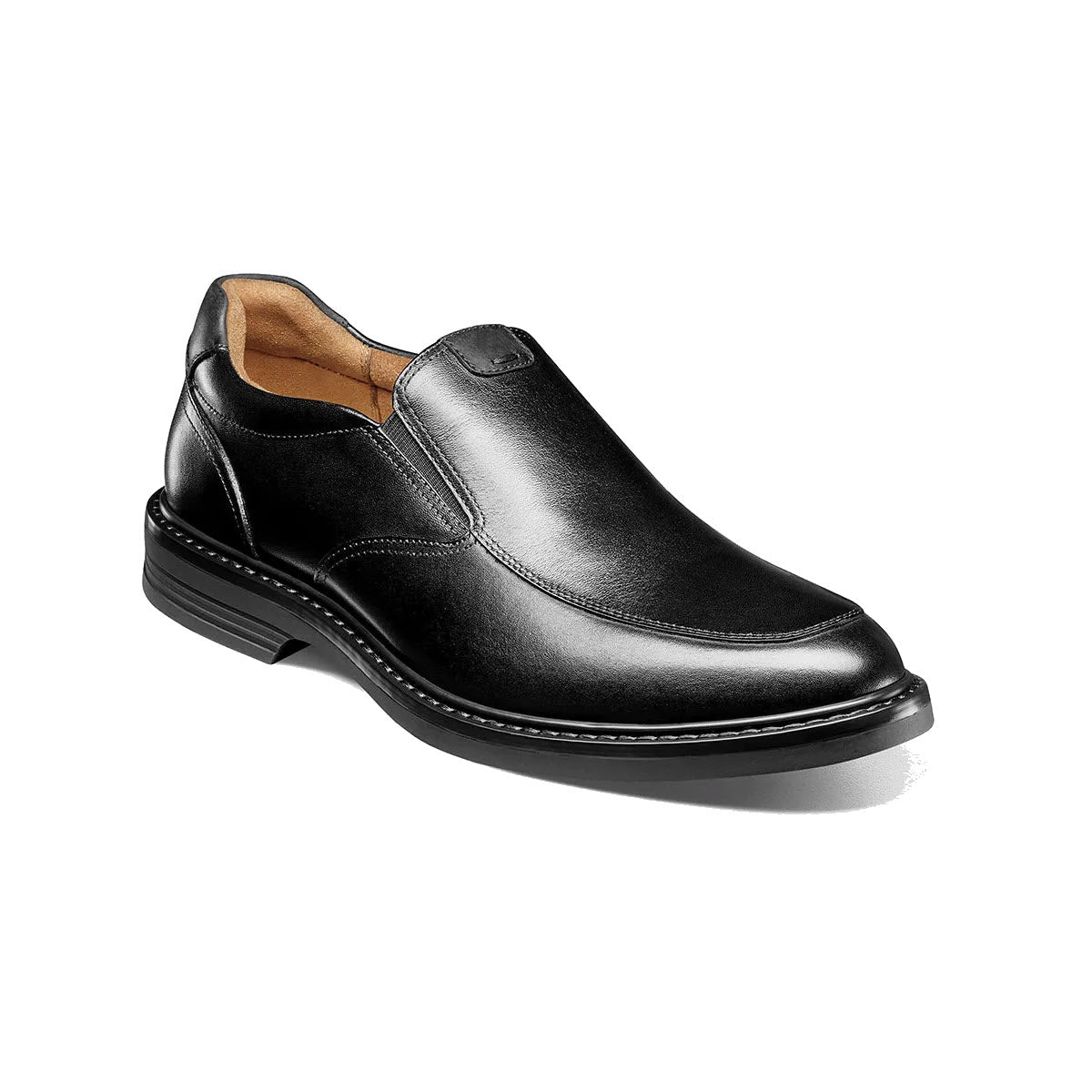 Black leather men&#39;s Florsheim Norwalk moc toe slip-on dress shoe with a square toe and elastic side panels on a white background.