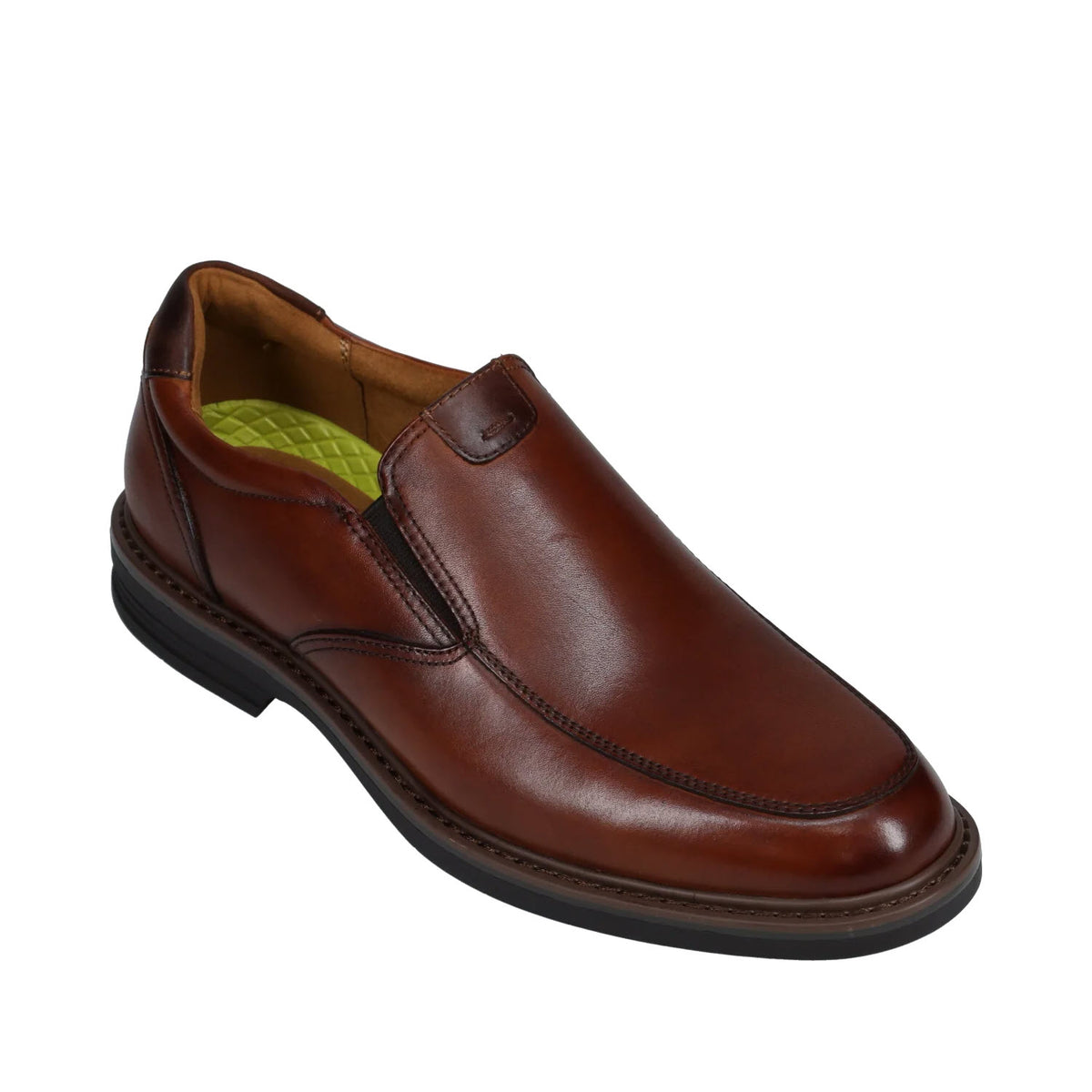 A brown leather Florsheim Norwalk Moc Toe Slip On Cognac men&#39;s shoe with a green interior lining and black sole, displayed against a white background.
