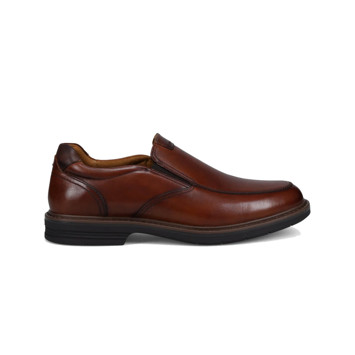 A single brown leather Florsheim Norwalk Moc Toe Slip On Cognac men&#39;s dress shoe with elastic side panels and a black sole, displayed against a white background.