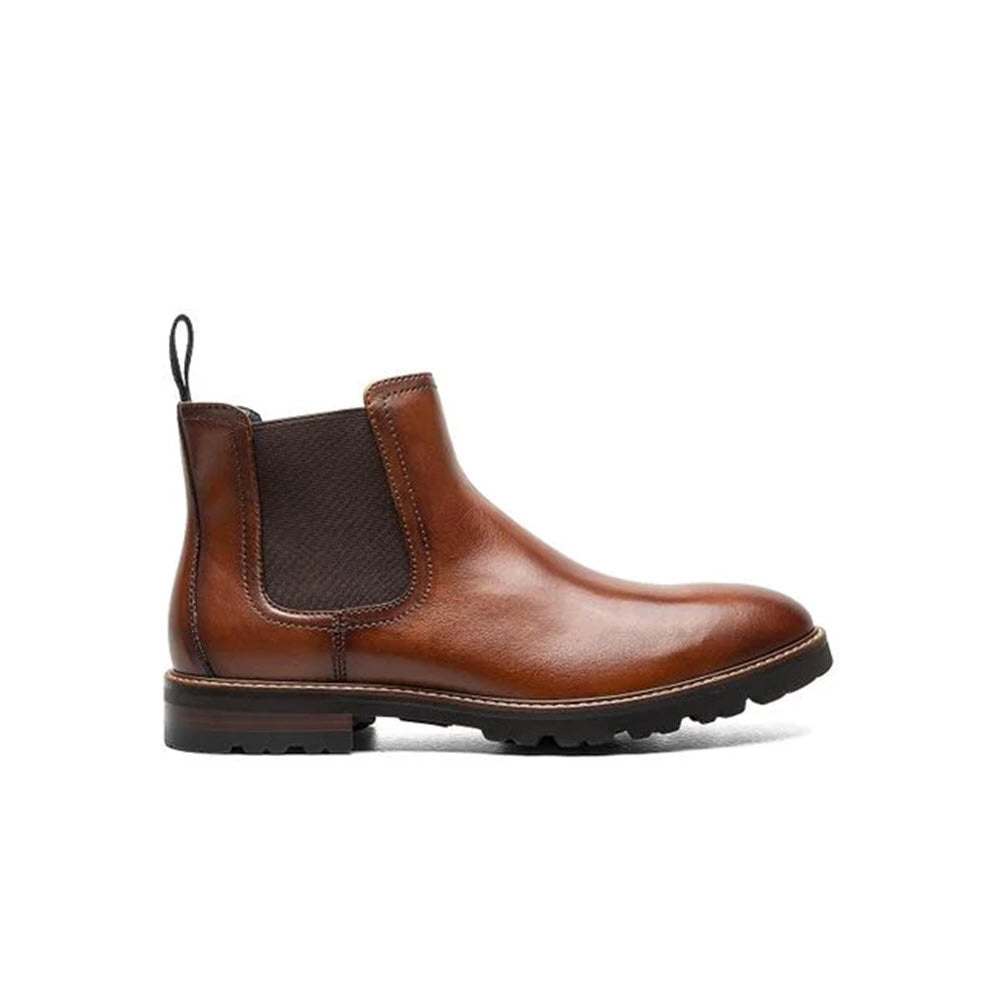 Brown leather Florsheim Renegade Plain Toe Gore Chelsea Boot with black elastic side panels and a thick lug sole, isolated on a white background.