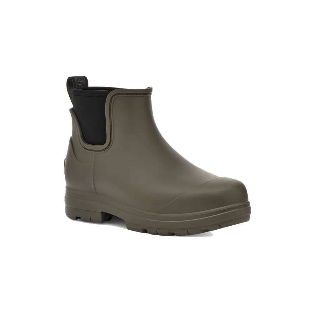 Olive green waterproof rainboot with black elastic side panels and white background from Ugg.