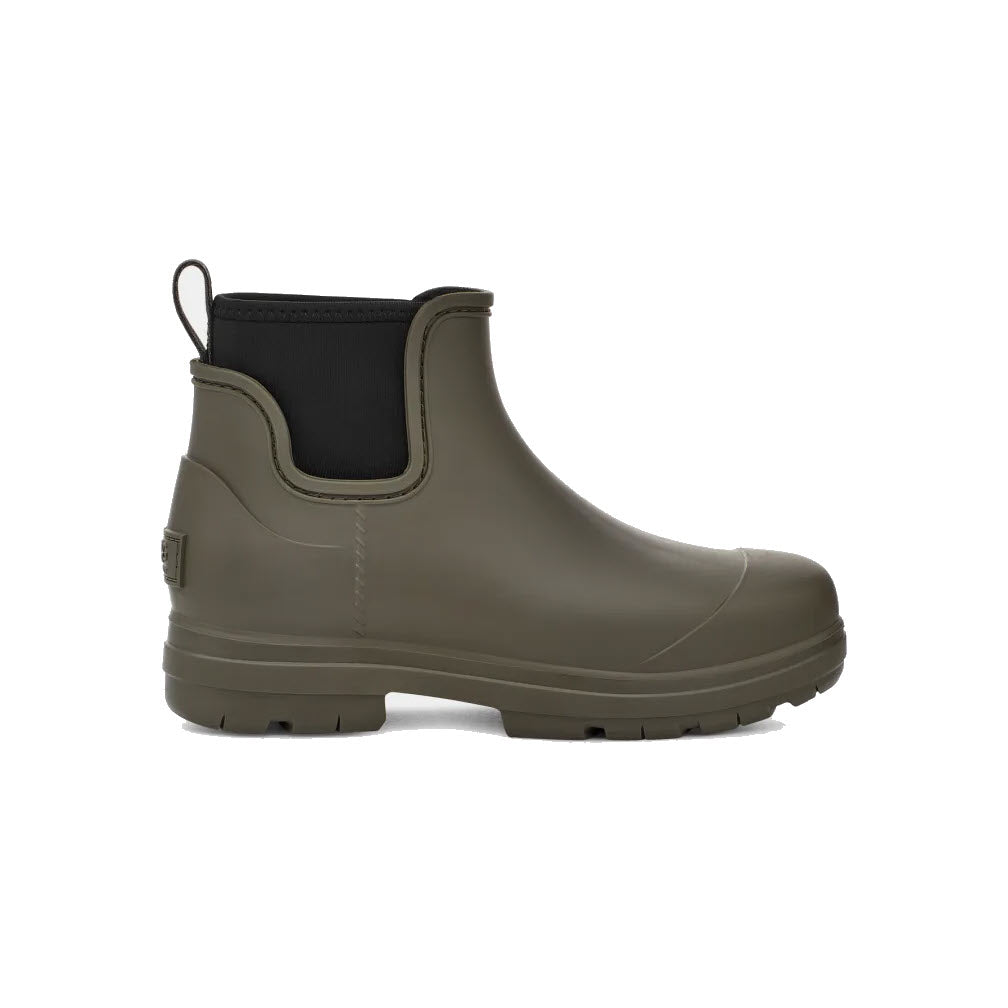 Ugg olive green waterproof rainboot with black elastic side panels on a white background.