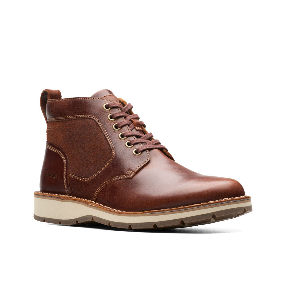 Brown Clarks Gravelle Top Lace Boot Tan Leather - Mens with a sturdy sole, isolated on a white background.