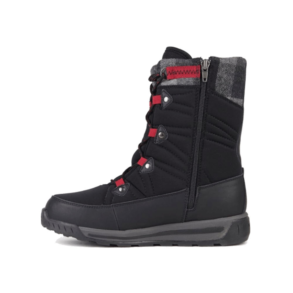 Side view of a NexGrip Ice Wonder High Black Repel - Women&#39;s winter boot with red lace hooks, a zipper, and a gray textile collar on a white background.