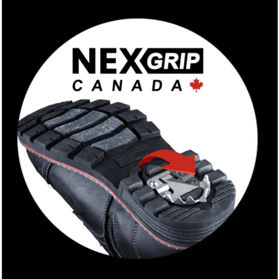 Close-up of a black waterproof winter boot with a retractable spike feature branded with &quot;NexGrip Canada&quot; and a Canadian flag icon.
