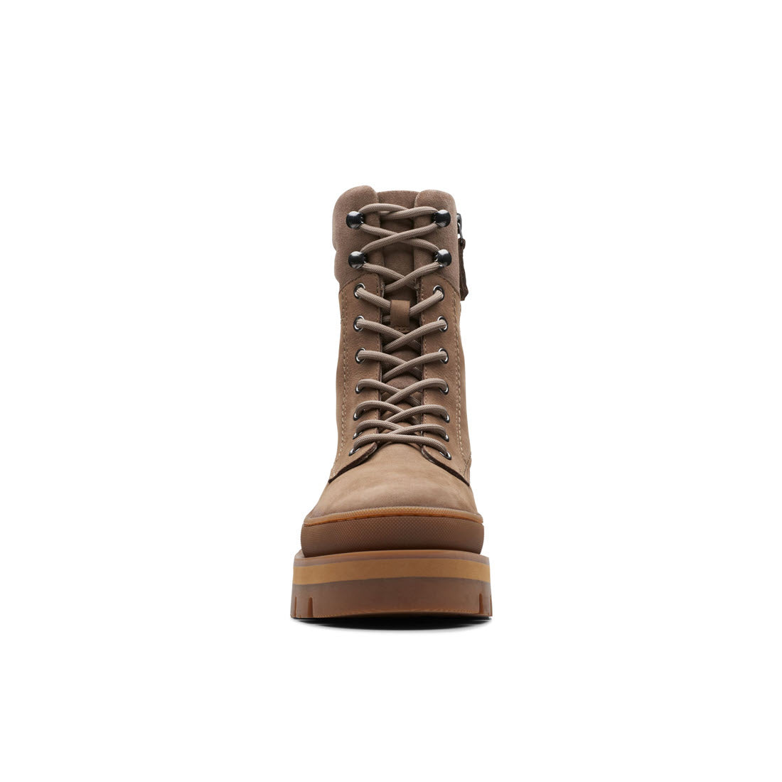 Front view of a brown Clarks Orianna 2 Hike Pebble lace-up combat boot isolated on a white background.