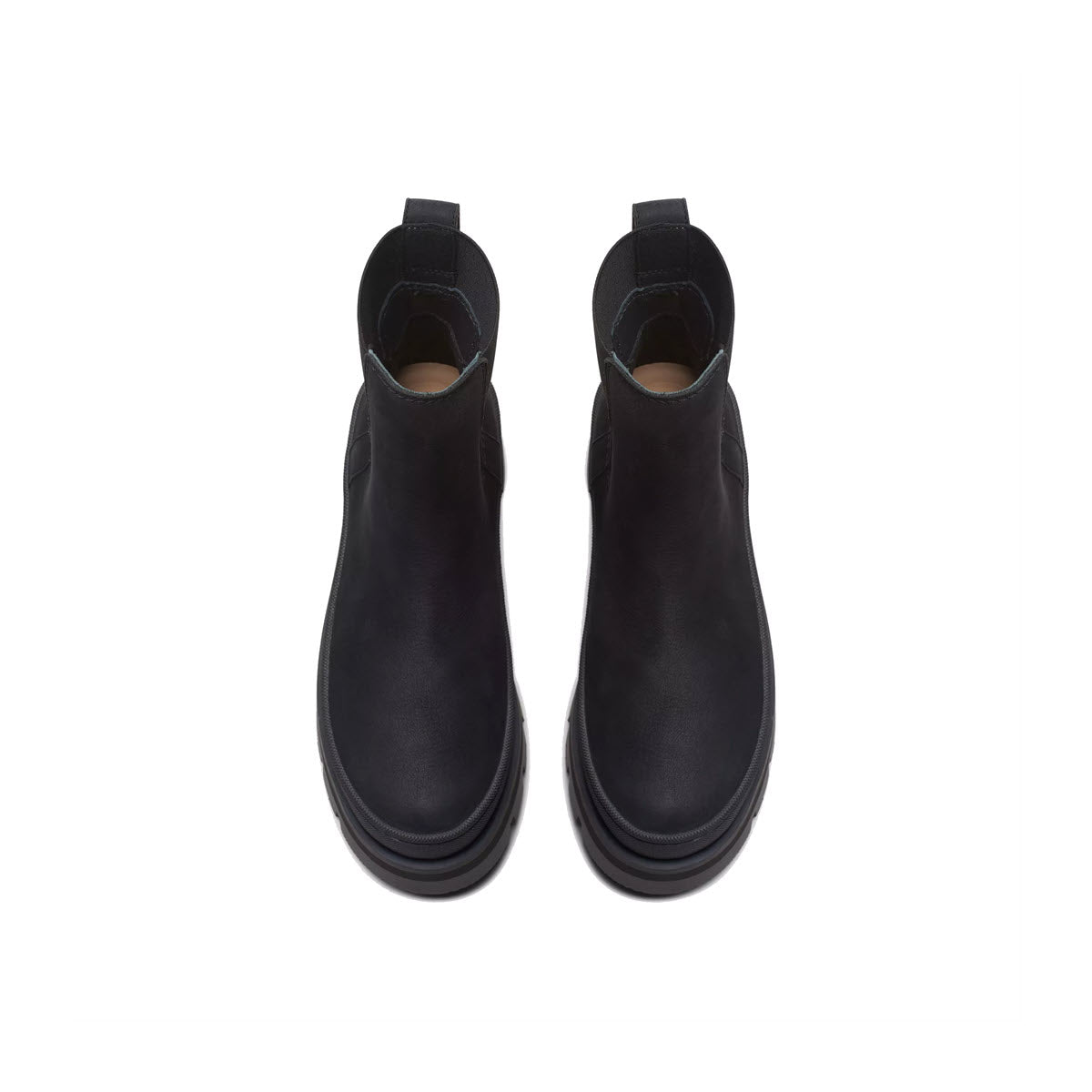 A pair of Clarks Orianna 2 Top Black women&#39;s leather lace-up ankle boots with pull tabs, viewed from the top on a white background.